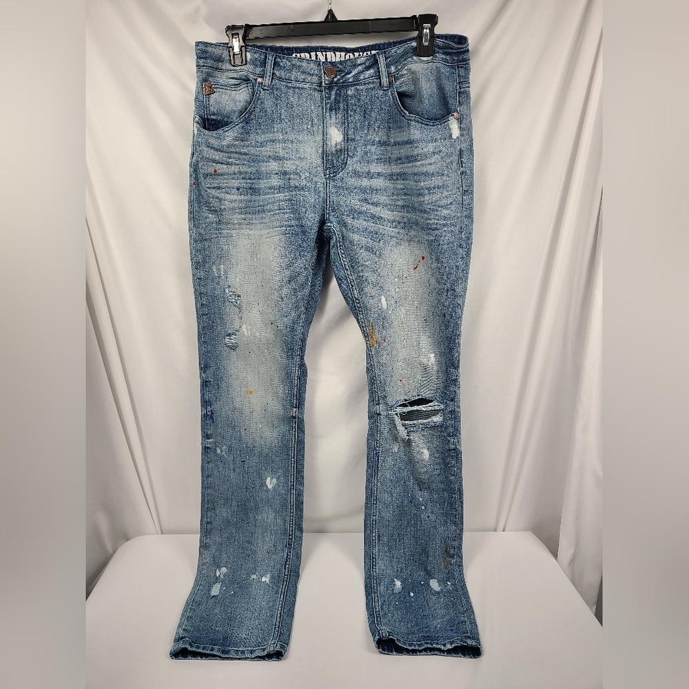 GrindHouse Men's Blue Distressed Painted Denim Jeans Size 36x34